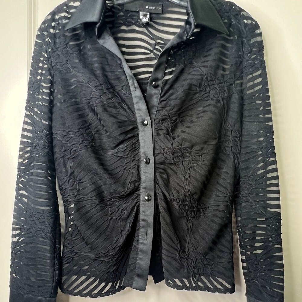 JS Boutique Black Stretch Lace Sheer Button Front Blouse Size 10